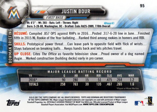2017 Bowman Justin Bour # 95 Miami Marlins