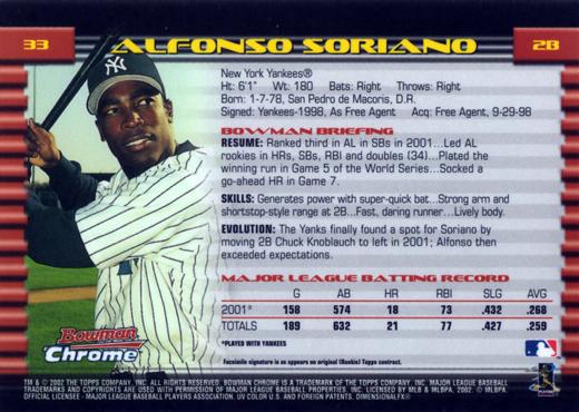 2002 Bowman Chrome Alfonso Soriano # 33 New York Yankees