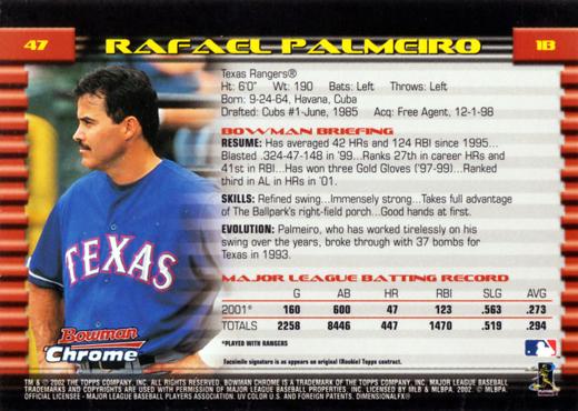 2002 Bowman Chrome Rafael Palmeiro # 47 Texas Rangers
