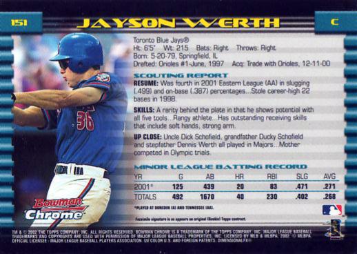 2002 Bowman Chrome Jayson Werth # 151 Toronto Blue Jays