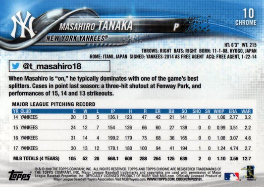 2018 Topp Chrome Masahiro Tanaka #10 New York Yankees