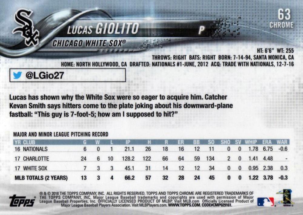 2018 Topp Chrome Lucas Giolito #63 Chicago White Sox