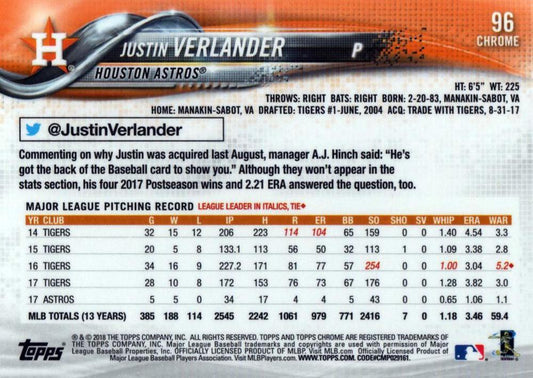 2018 Topp Chrome J#UStin Verlander #96 Ho#USton Astros