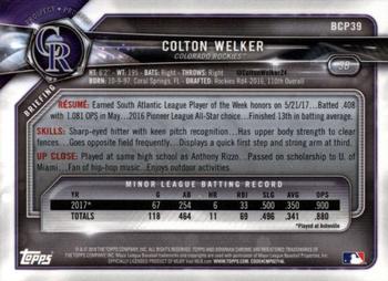 2018 Bowman Chrome Prospects Colton Welker BCP39 Colorado Rockies