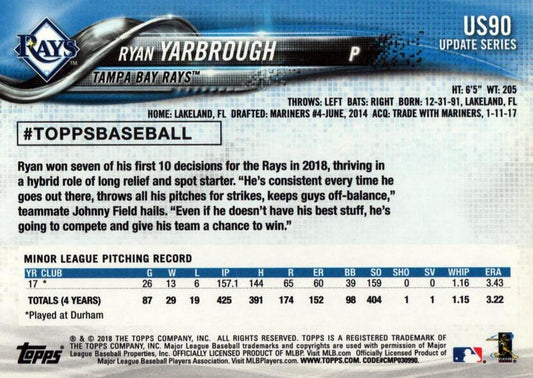 2018 Topps Update Ryan Yarbrough RC #US90 Tampa Bay Rays