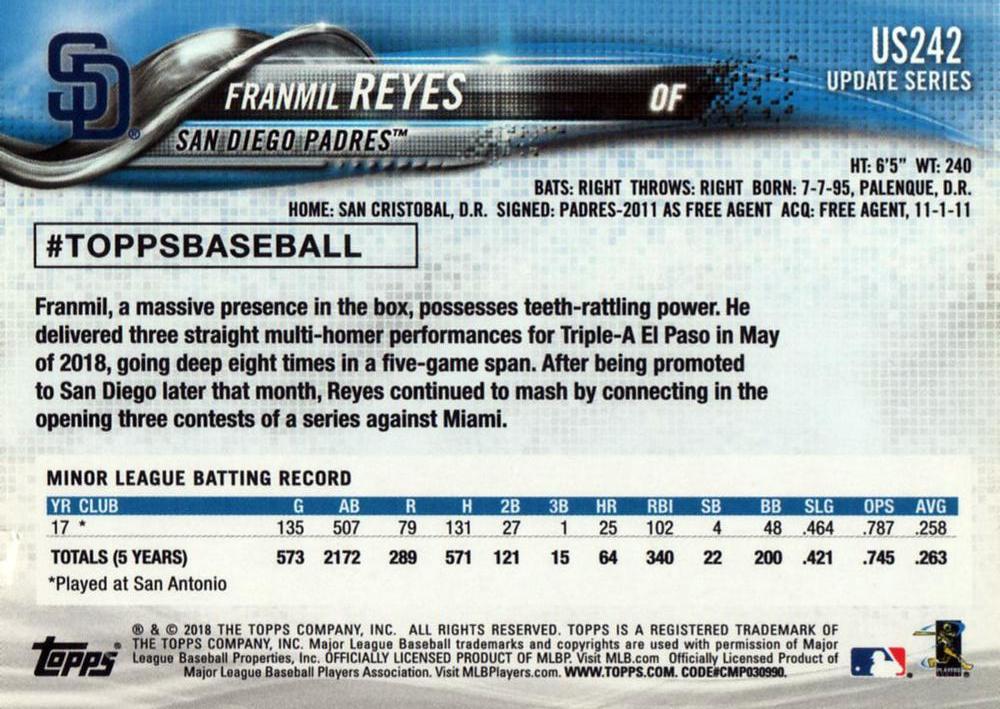 2018 Topps Update Franmil Reyes RC #US242 San Diego Padres