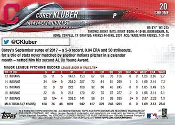 2018 Topp Chrome Prism Refractor Corey Kluber #20 Cleveland Indians