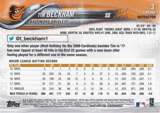 2018 Topp Chrome Pink Refractor Tim Beckham #3 Baltimore Orioles