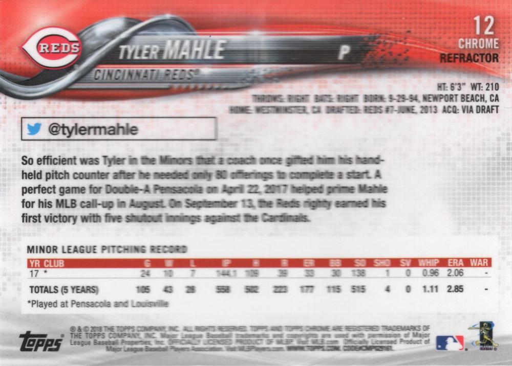 2018 Topp Chrome Pink Refractor Tyler Mahle RC #12 Cincinnati Reds