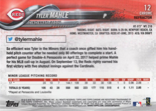 2018 Topp Chrome Pink Refractor Tyler Mahle RC #12 Cincinnati Reds