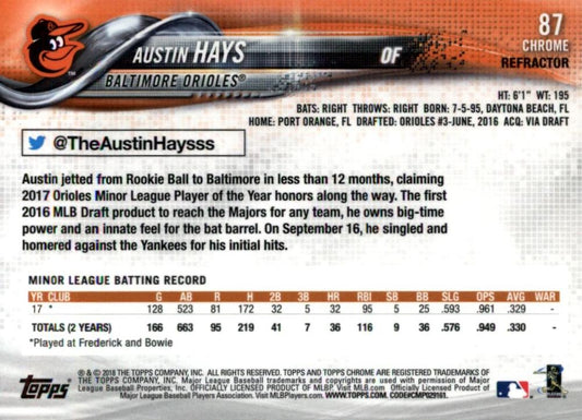 2018 Topp Chrome Pink Refractor A#UStin Hays RC #87 Baltimore Orioles