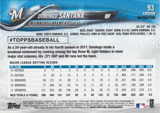 2018 Topp Chrome Pink Refractor Domingo Santana #93 Milwaukee Brewers