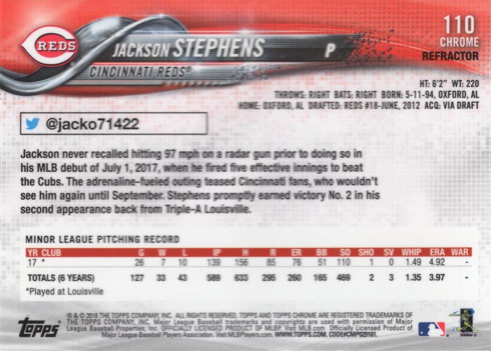 2018 Topp Chrome Pink Refractor Jackson Stephens RC #110 Cincinnati Reds