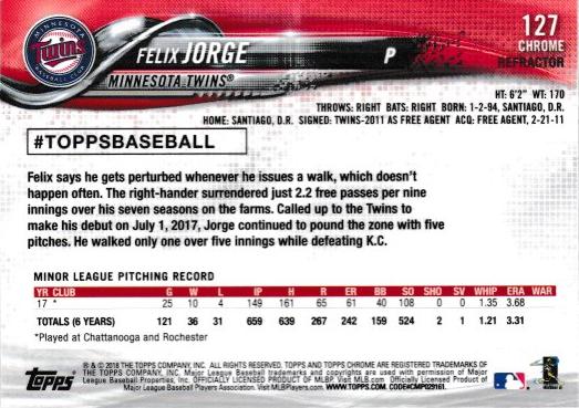 2018 Topp Chrome Pink Refractor Felix Jorge RC #127 Minnesota Twins