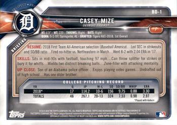 2018 Bowman Draft Casey Mize FBC BD-1 Detroit Tigers