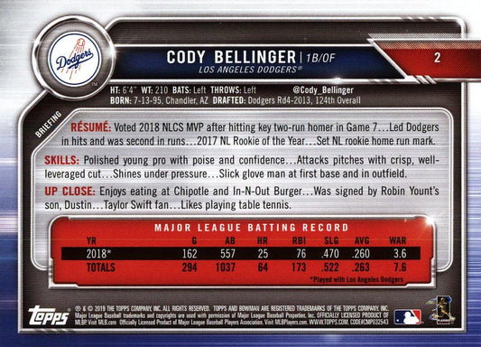 2019 Bowman Cody Bellinger #2 Los Angeles Dodgers