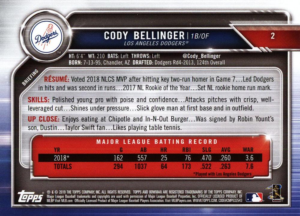 2019 Bowman Cody Bellinger #2 Los Angeles Dodgers