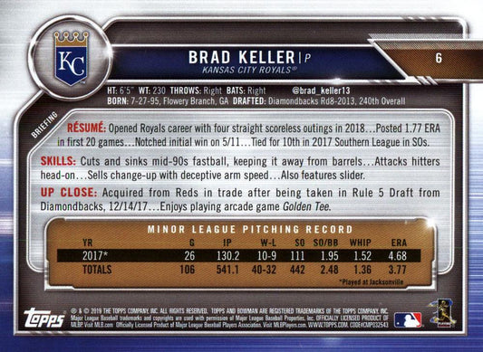 2019 Bowman Brad Keller RC #6 Kansas City Royals