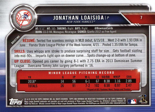 2019 Bowman Jonathan Loaisiga RC #7 New York Yankees