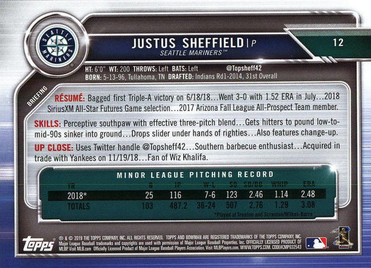 2019 Bowman Justus Sheffield RC #12 Seattle Mariners