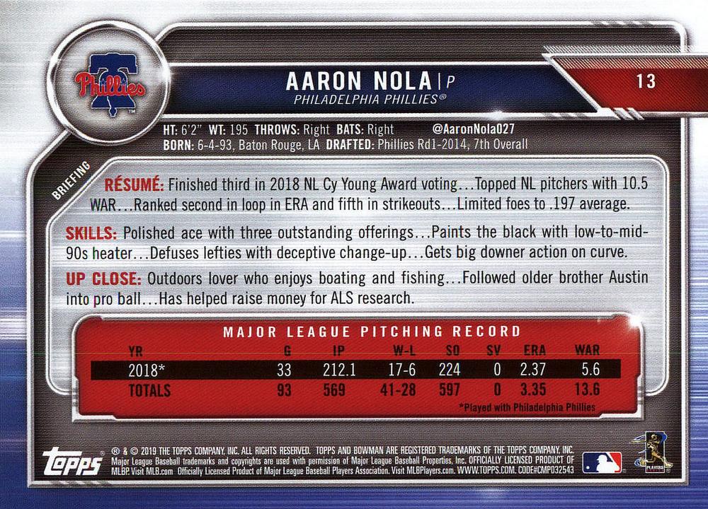 2019 Bowman Aaron Nola #13 Philadelphia Phillies