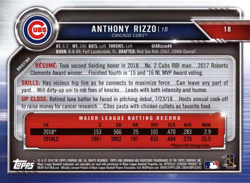 2019 Bowman Anthony Rizzo #18 Chicago Cubs