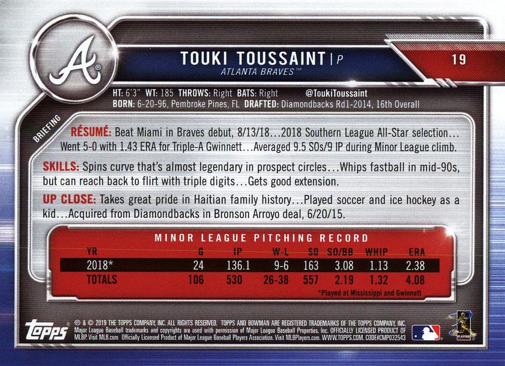 2019 Bowman Touki To#USsaint RC #19 Atlanta Braves