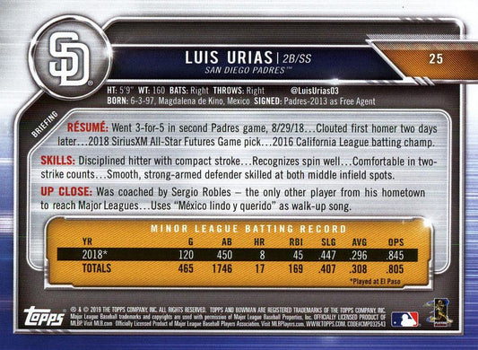 2019 Bowman Luis Urias RC #25 San Diego Padres