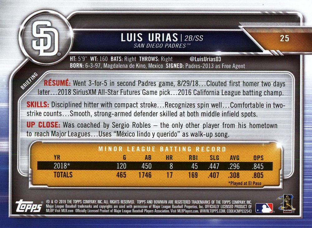 2019 Bowman Luis Urias RC #25 San Diego Padres