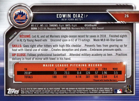 2019 Bowman Edwin Diaz #26 New York Mets