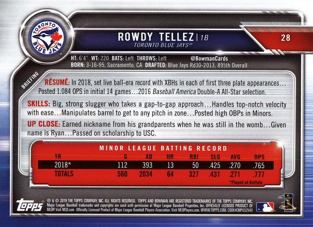 2019 Bowman Rowdy Tellez RC #28 Toronto Blue Jays