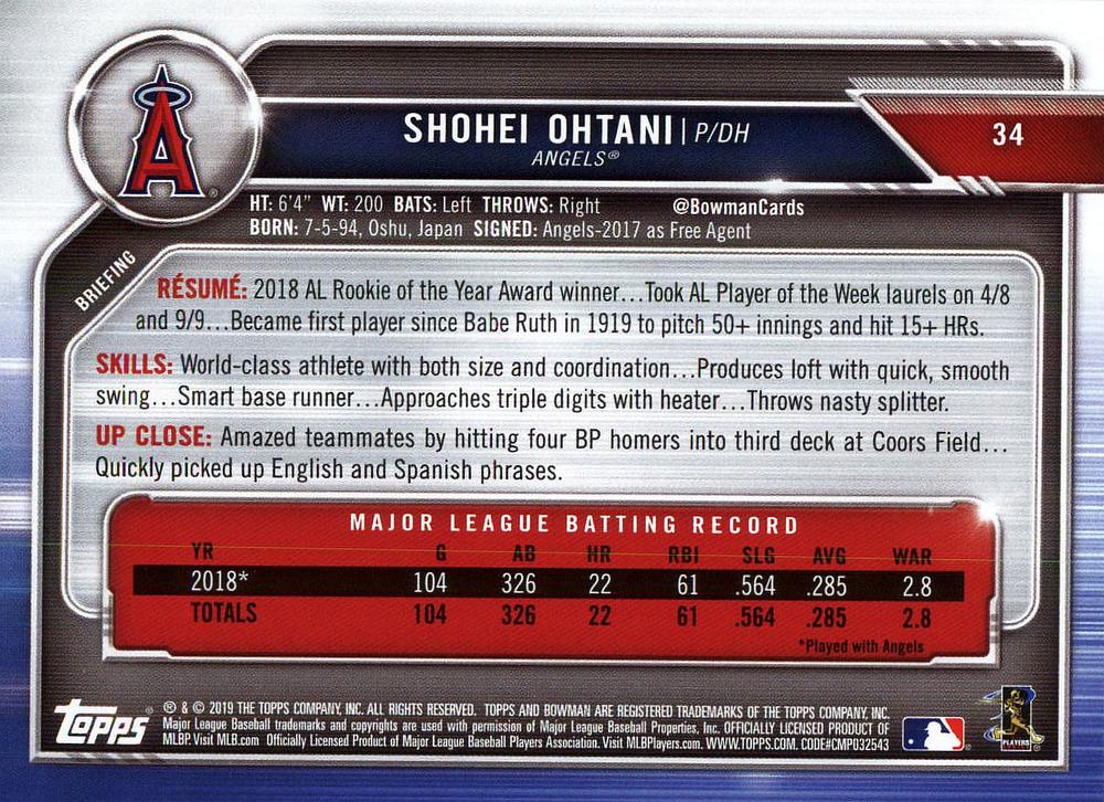 2019 Bowman Shohei Ohtani #34 Angels