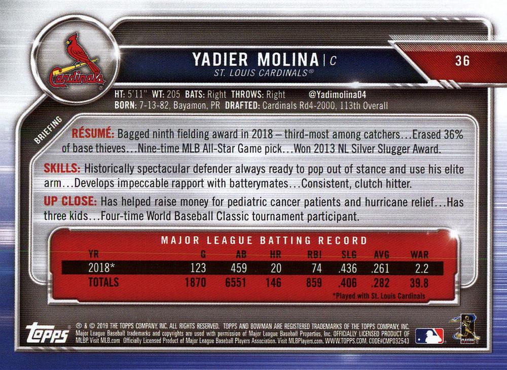 2019 Bowman Yadier Molina #36 St. Louis Cardinals