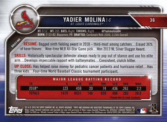 2019 Bowman Yadier Molina #36 St. Louis Cardinals