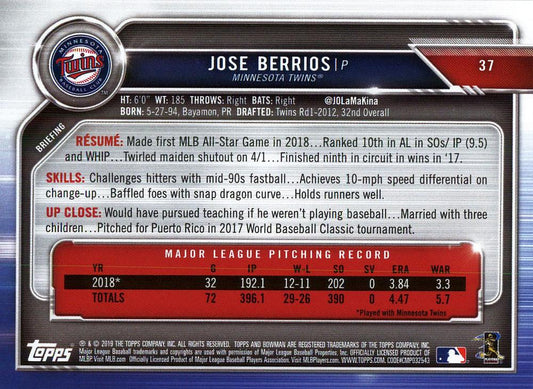 2019 Bowman Jose Berrios #37 Minnesota Twins