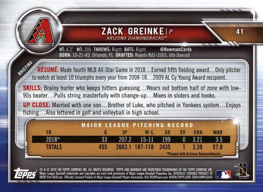 2019 Bowman Zack Greinke #41 Arizona Diamondbacks