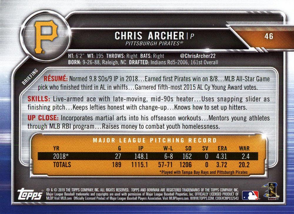 2019 Bowman Chris Archer #46 Pittsburgh Pirates