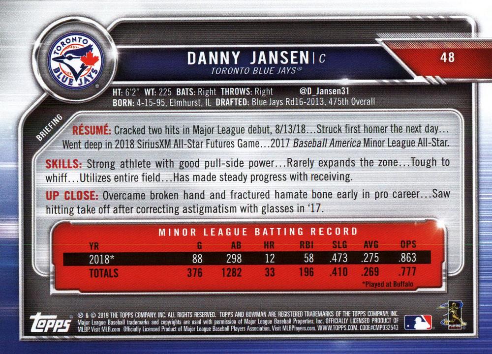 2019 Bowman Danny Jansen RC #48 Toronto Blue Jays