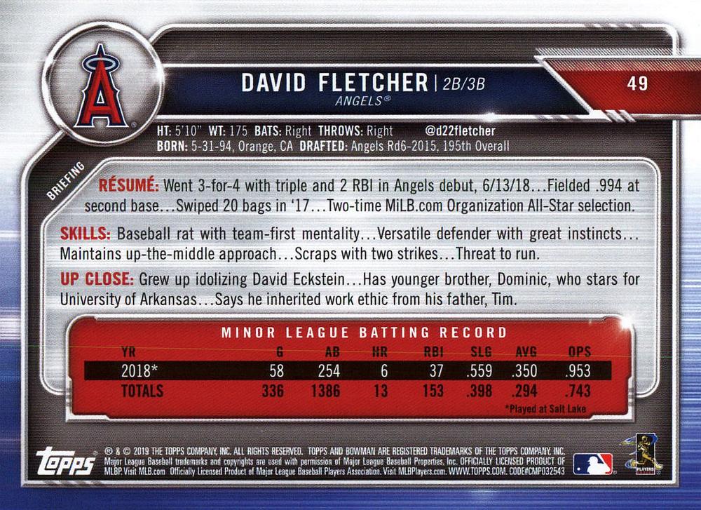 2019 Bowman David Fletcher RC #49 Angels