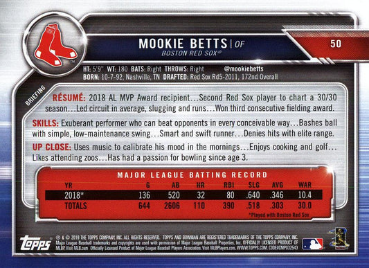 2019 Bowman Mookie Betts #50 Boston Red Sox