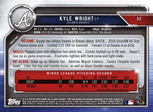 2019 Bowman Kyle Wright RC #52 Atlanta Braves