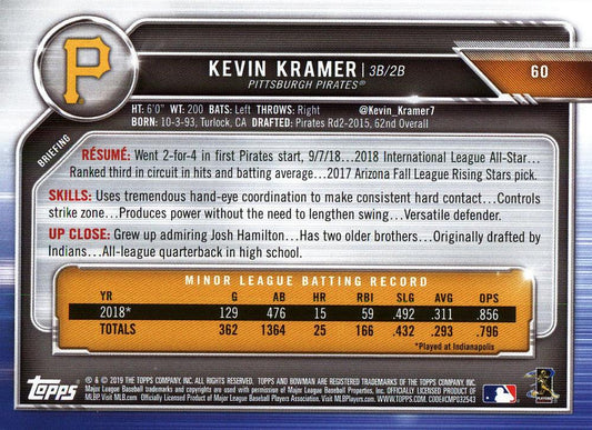 2019 Bowman Kevin Kramer RC #60 Pittsburgh Pirates