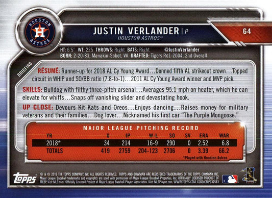 2019 Bowman Justin Verlander #64 HouSton Astros