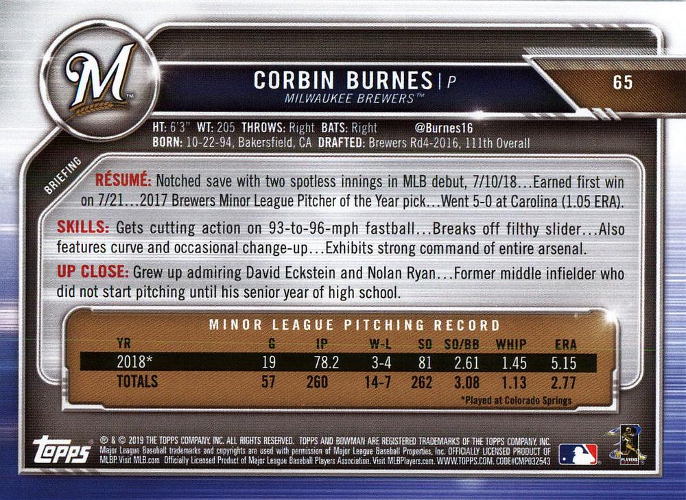 2019 Bowman Corbin Burnes RC #65 Milwaukee Brewers