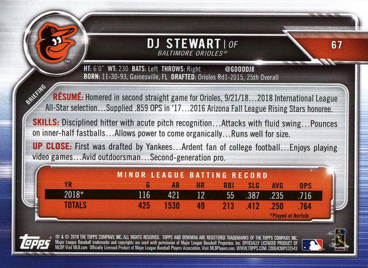2019 Bowman DJ Stewart RC #67 Baltimore Orioles