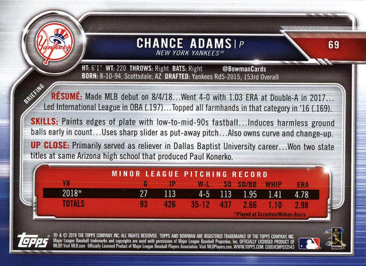 2019 Bowman Chance Adams RC #69 New York Yankees
