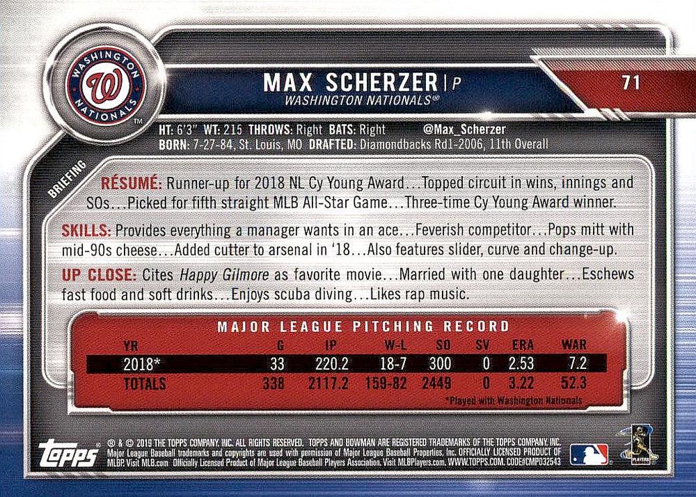 2019 Bowman Max Scherzer #71 Washington Nationals