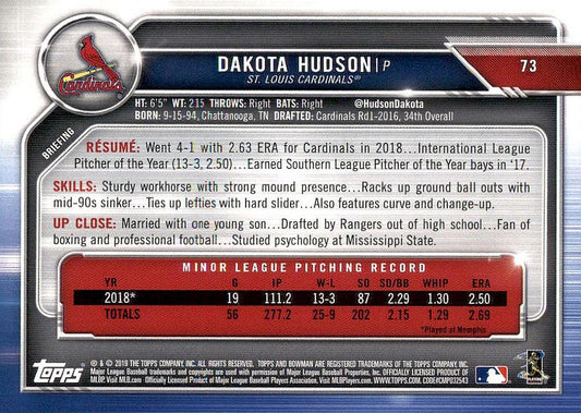 2019 Bowman Dakota Hudson RC #73 St. Louis Cardinals