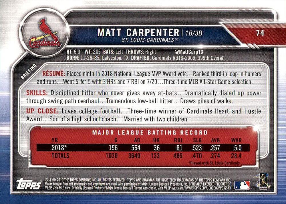 2019 Bowman Matt Carpenter #74 St. Louis Cardinals