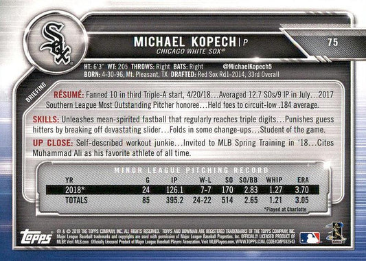 2019 Bowman Michael Kopech RC #75 Chicago White Sox